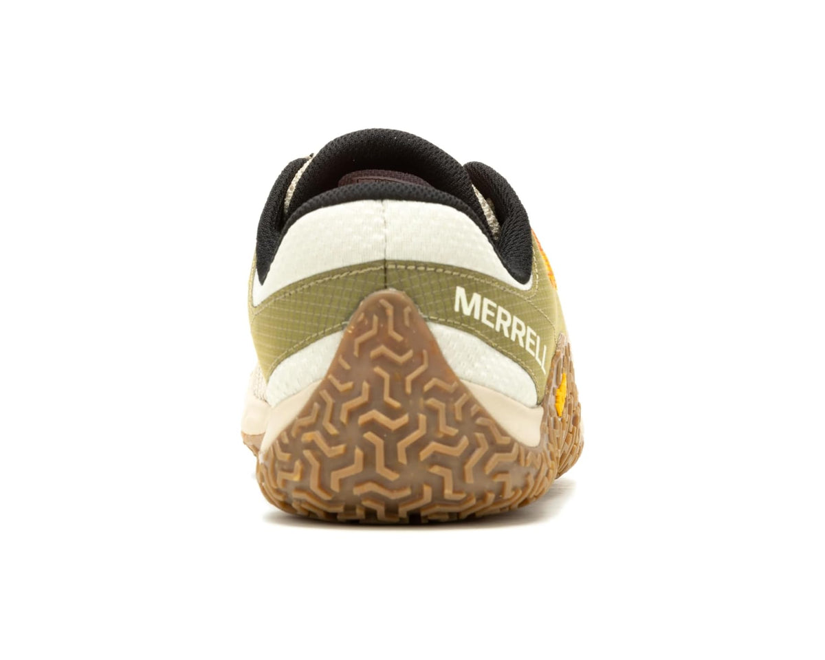 Men's Merrell trail shoe heel view with logo branding and textured rubber outsole