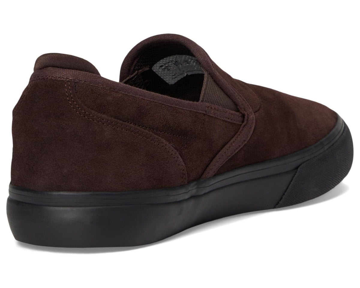 Back view of brown suede slip-on sneaker with cushioned lining