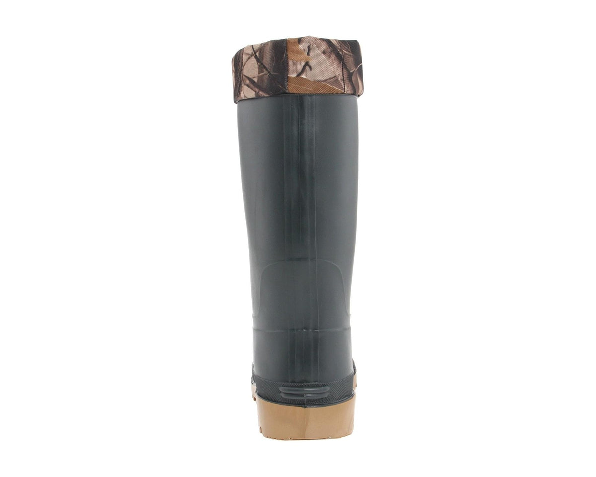 Men's Baffin trapper boots, dark tall shaft with camouflage cuff and tan heel.