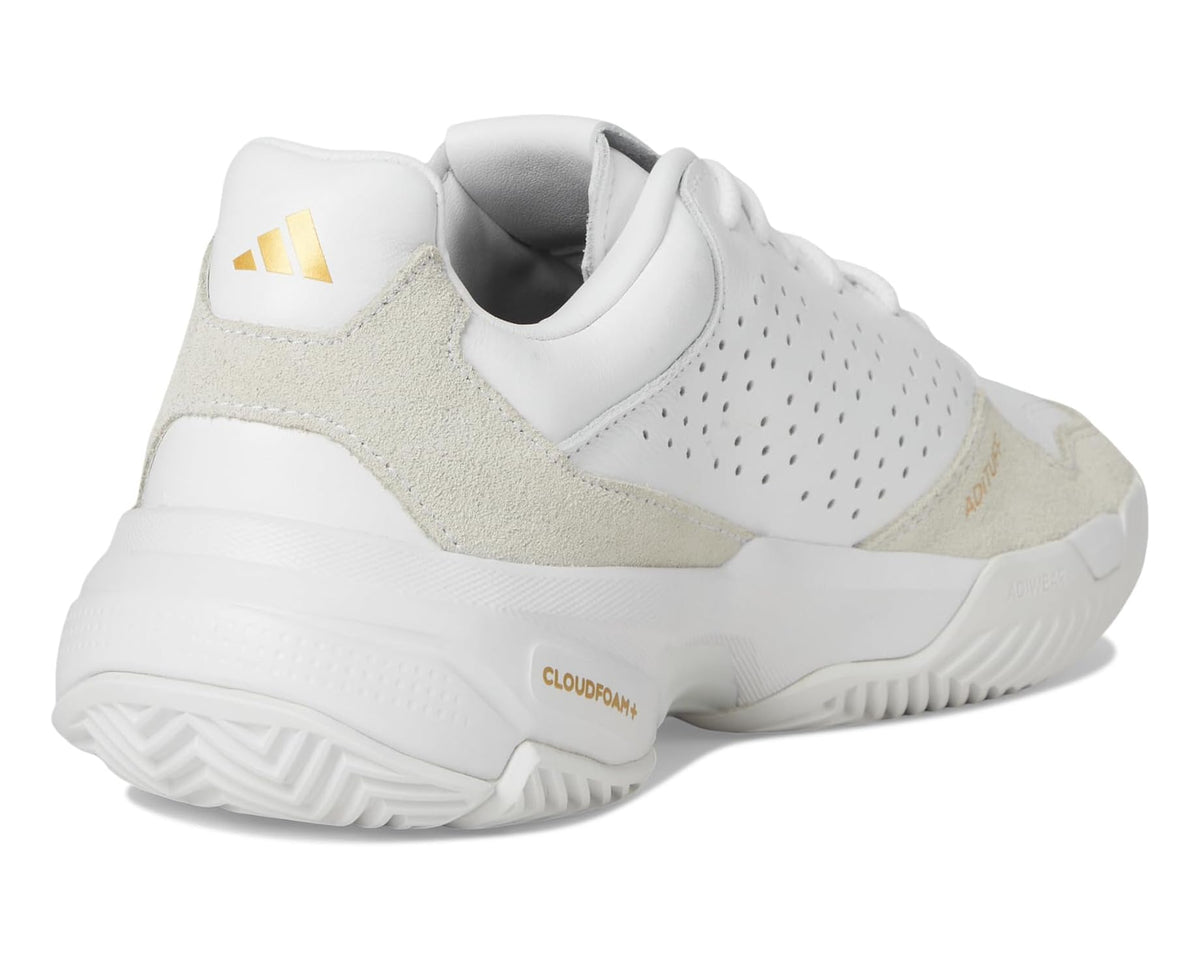 adidas unisex tennis shoe back view with cushioned collar and beige suede panel