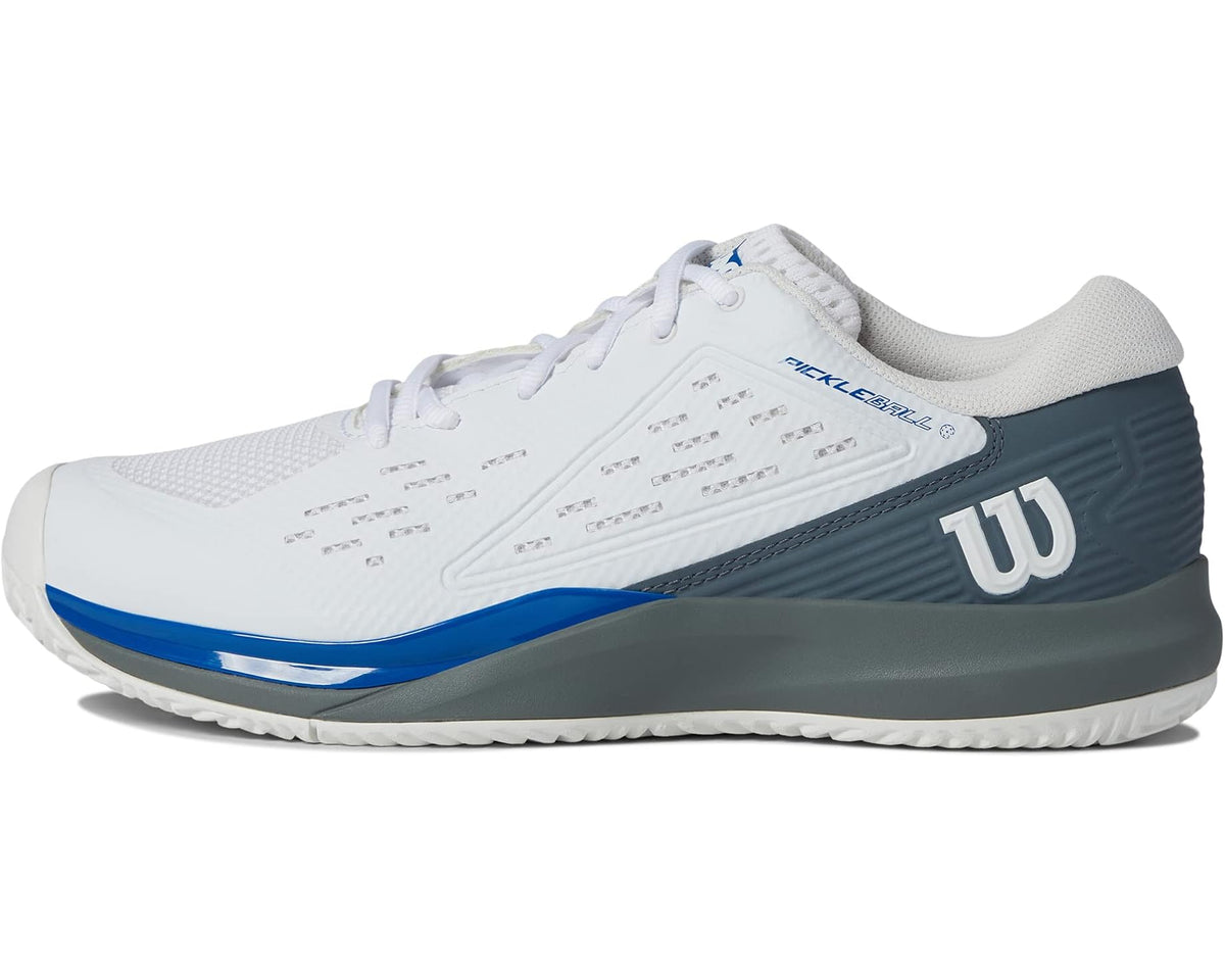 White Wilson pickleball shoes with stormy blue side panel and blue toe stripe