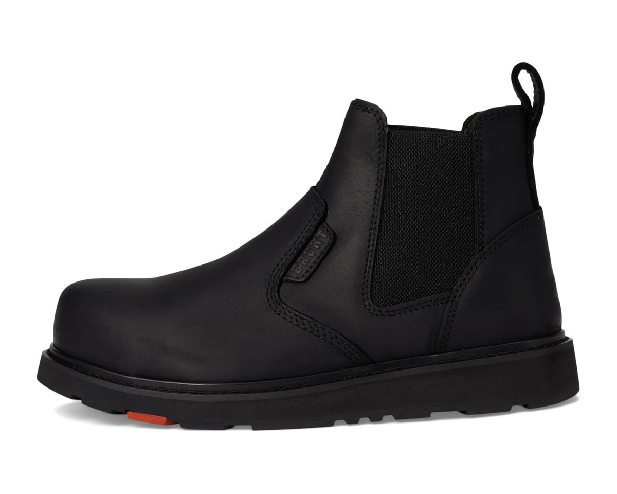 Men's BRUNT black Chelsea boots with elastic gore, side pull tab, and cushioned upper.