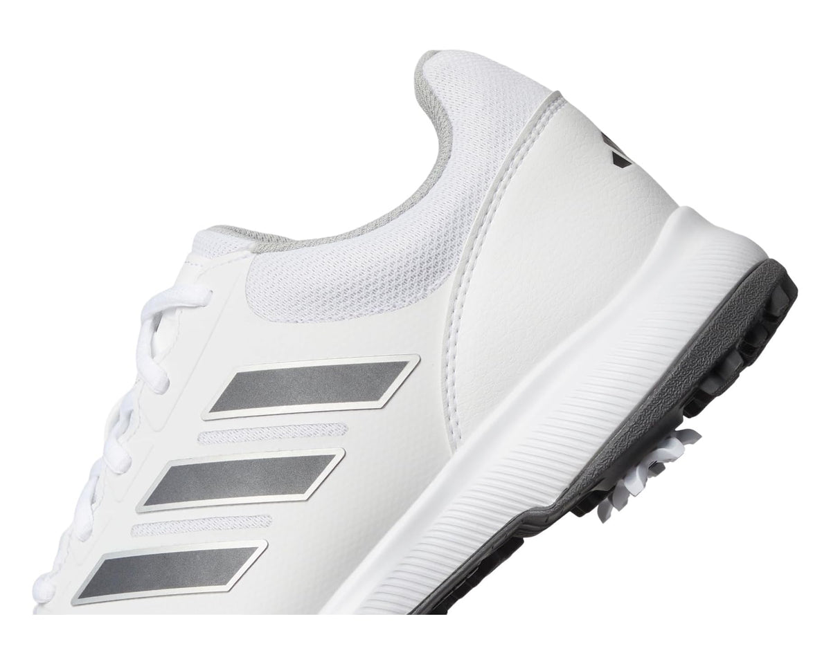 Men's adidas golf shoes, close view of white upper and dark silver stripe detail