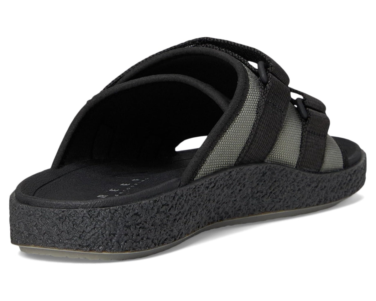 Olive and black slide sandals with open toe and cushioned black footbed