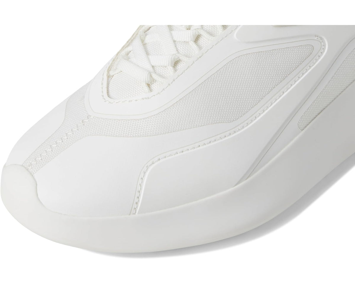 Unisex white sport sneakers, close-up upper with mesh panels and stitched overlays