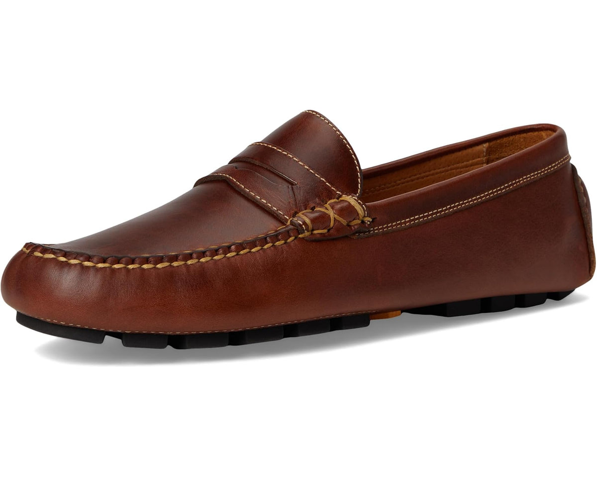 Cigar brown leather penny driver loafer with penny strap and cushioned collar