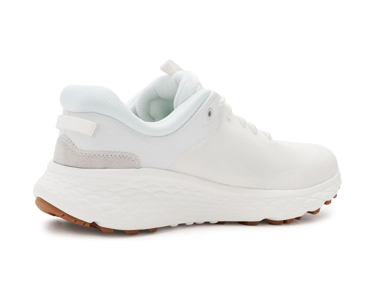 White mesh lace-up sneaker with padded collar and brown outsole