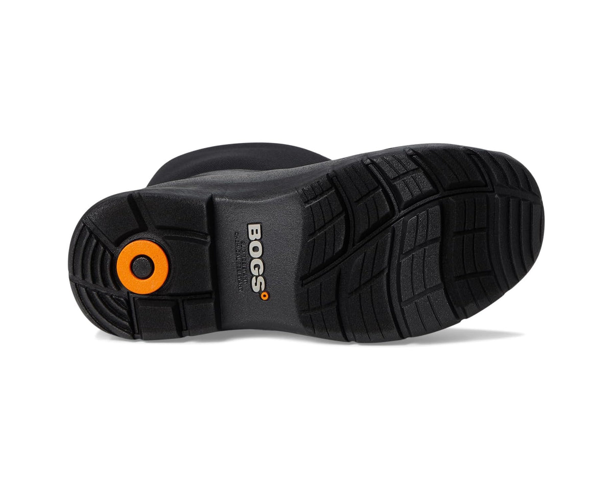 Black outsole of tall rubber boots with orange logo and detailed tread pattern
