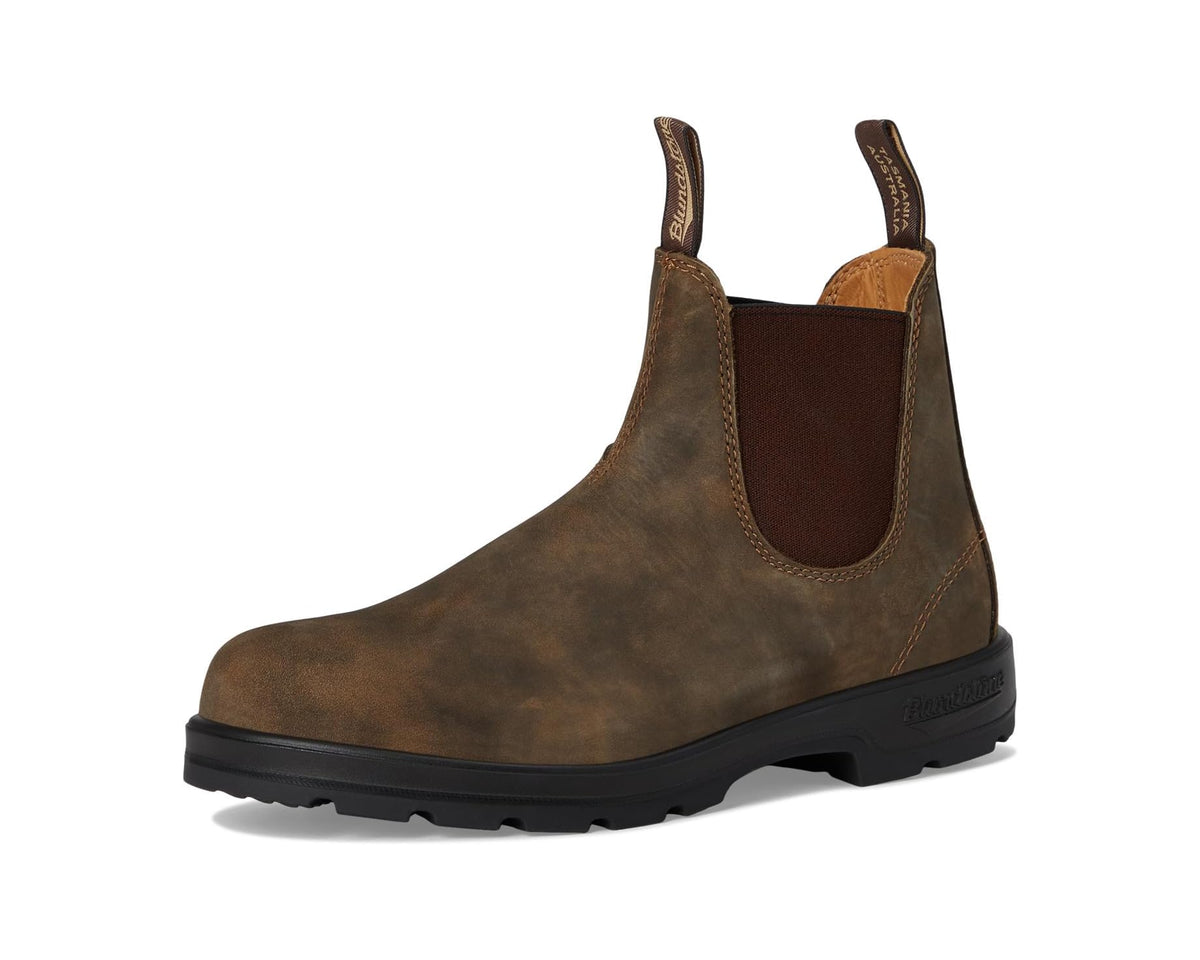 Rustic brown suede chelsea boot with side elastic and pull tabs, black lug sole