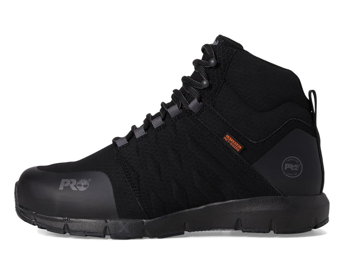 Black lace-up mid safety boot with side panel detailing and padded collar