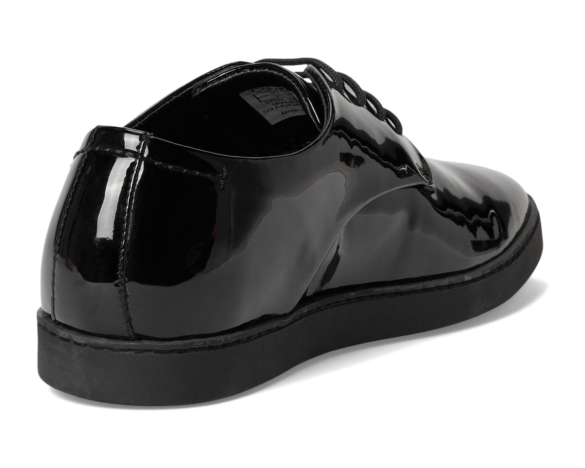 Black patent leather dress shoe with rear quarter view and stitched panels