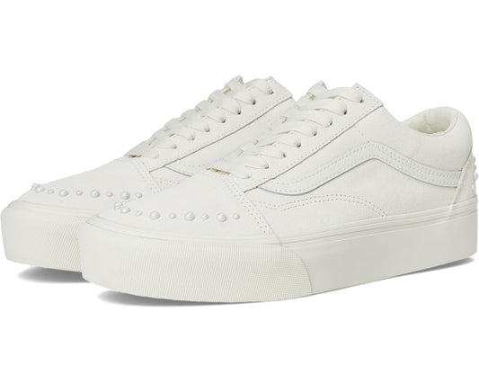 Pearl-studded platform sneakers with lace-up front and side stripe, off-white color