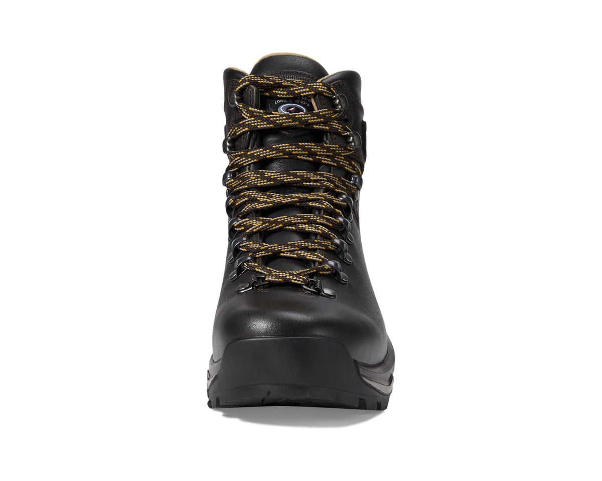 Men's dark leather mid-cut hiking boot, lace-up front view with metal eyelets