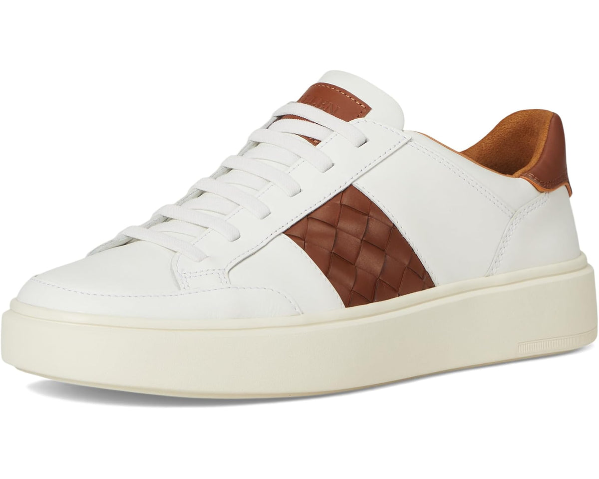 White leather lace-up sneaker with woven brown side panel and tan heel accents