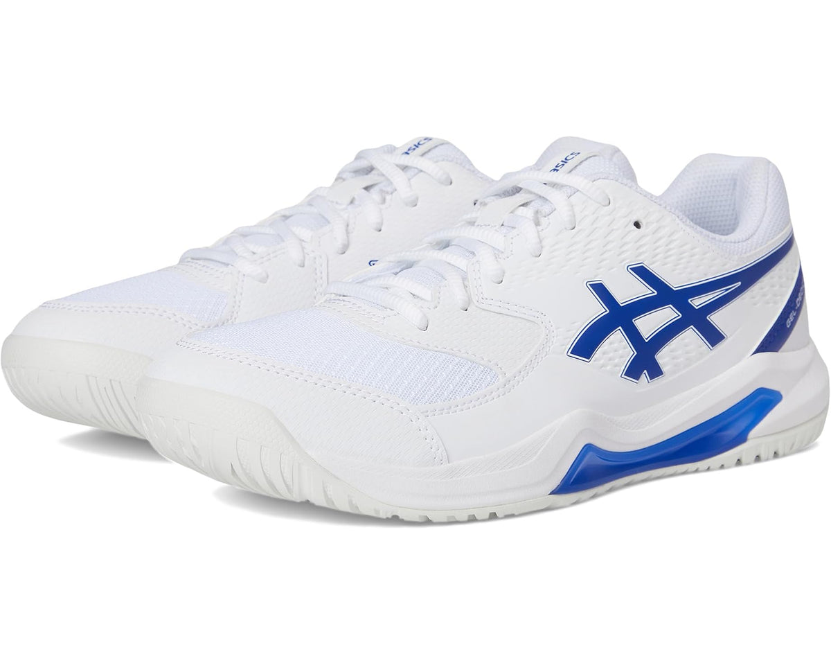 Men's ASICS Gel-Dedicate 8 white running shoes with blue accents and lace-up front