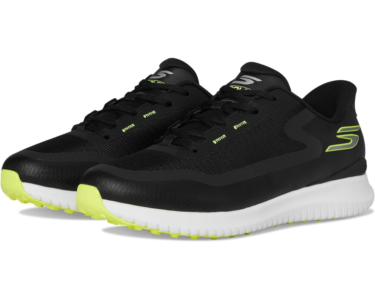 Black Skechers spikeless slip-in golf shoe with neon green accents and white sole
