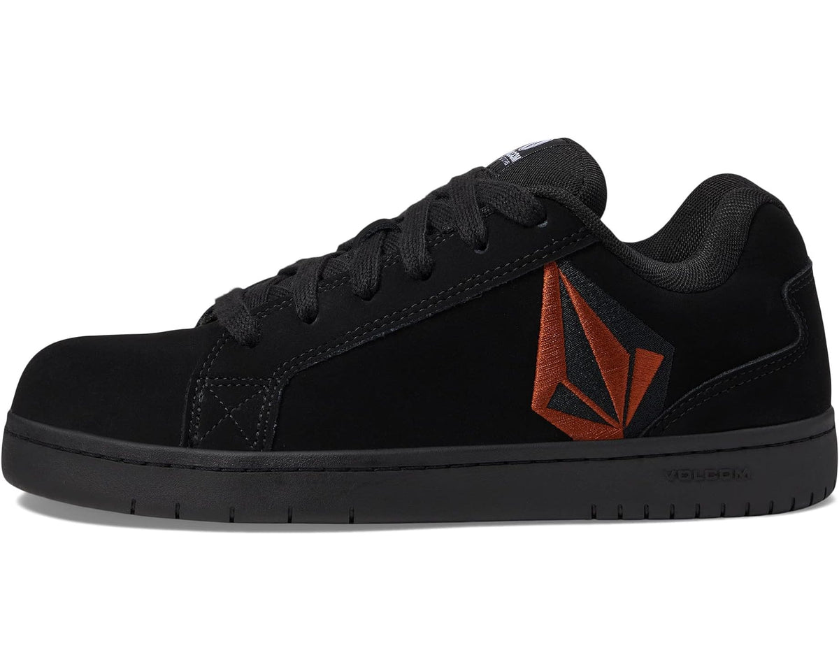 Black low-top sneaker with red geometric logo and lace-up front