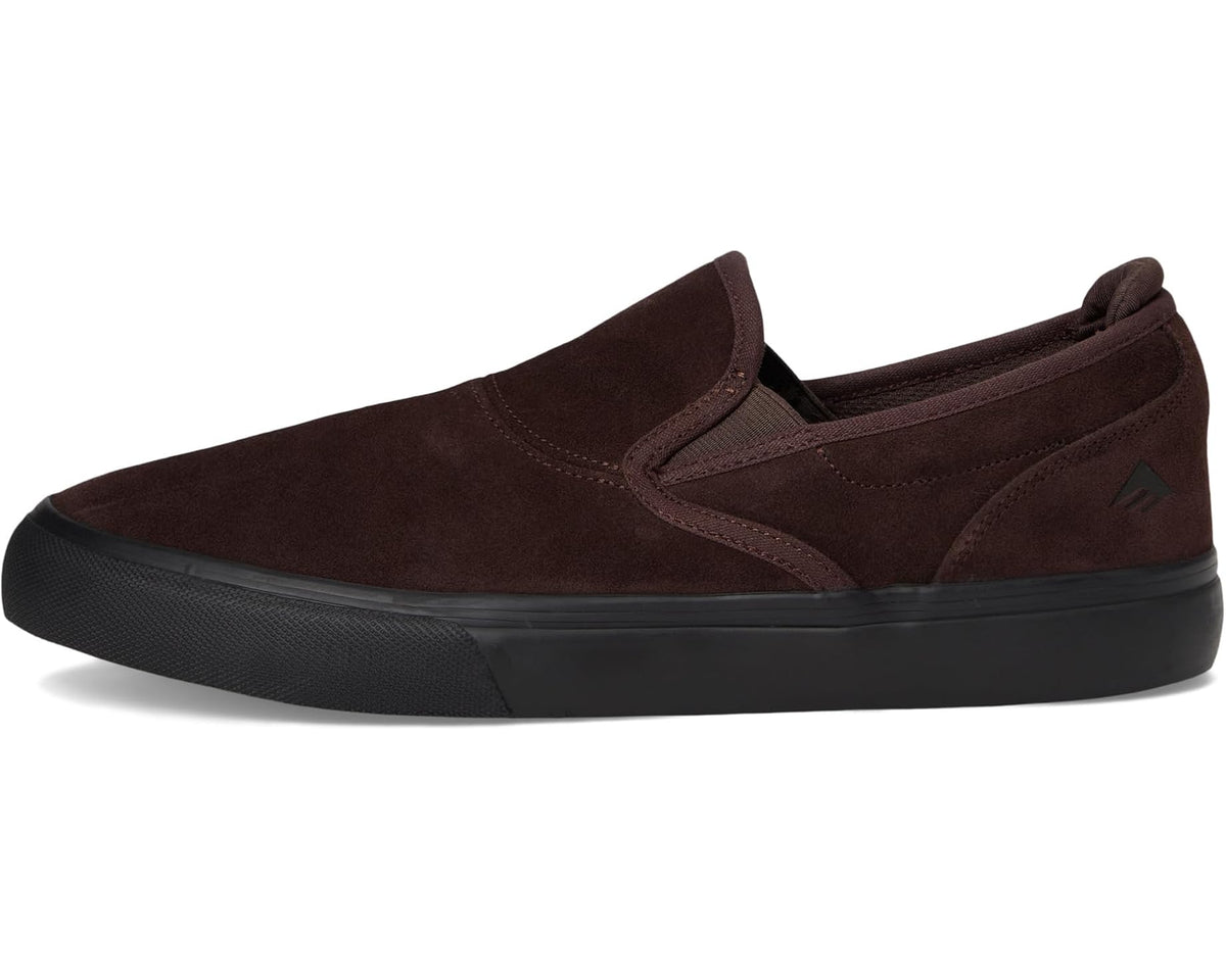 Brown suede slip-on sneaker with dark rubber sole and side logo