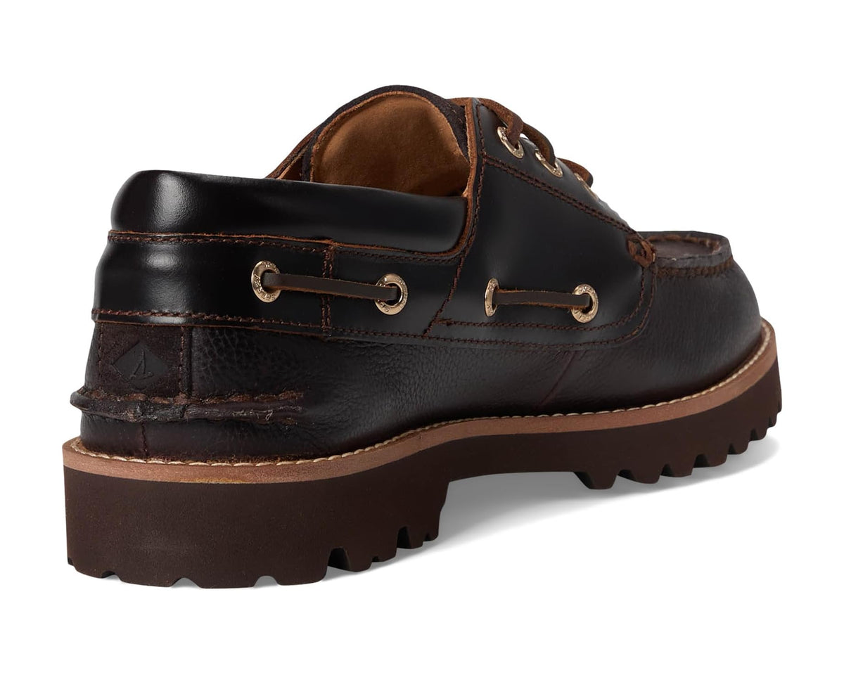 Men's Sperry Newton 3-eye dark brown boat shoe, heel view with rugged tread outsole