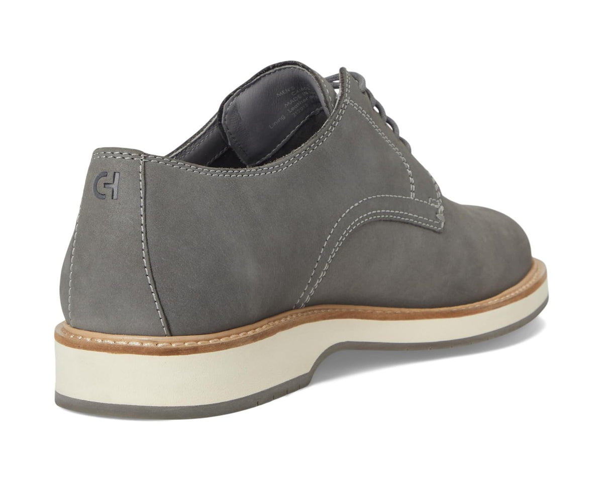 Men's Cole Haan Morse oxford heel view, gray suede with ivory midsole and tan edge