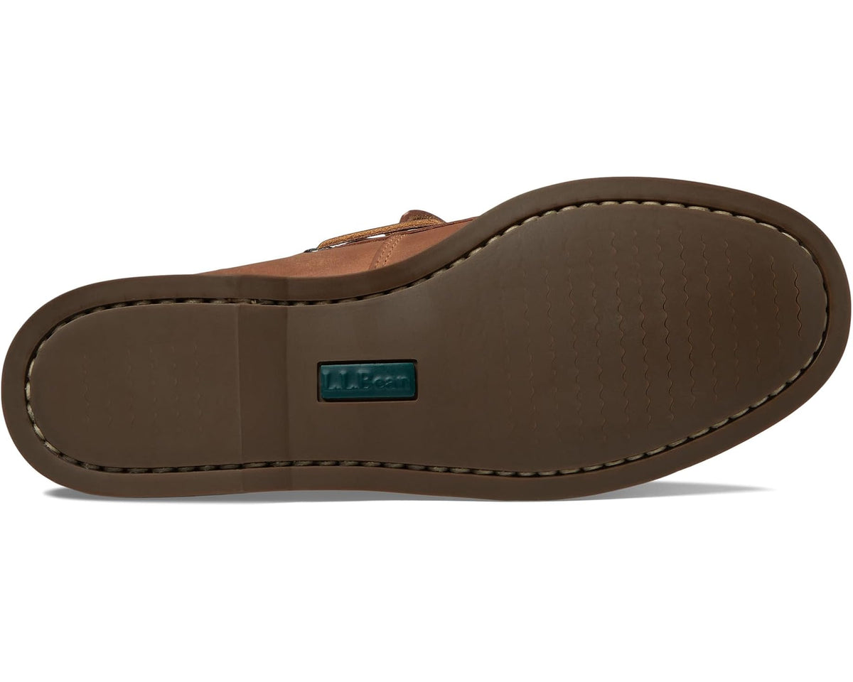 Light brown leather boat moc shoes with stitched sidewall and rubber sole