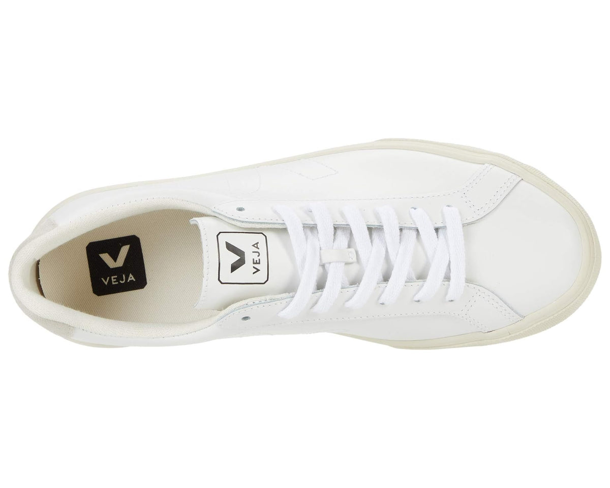 Men's VEJA lace-up sneakers with white leather upper, padded collar, beige rubber edge