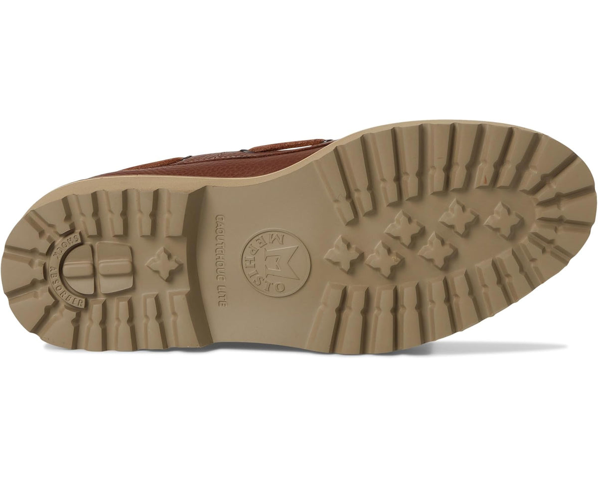 Men's brown leather boat shoe outsole with traction tread
