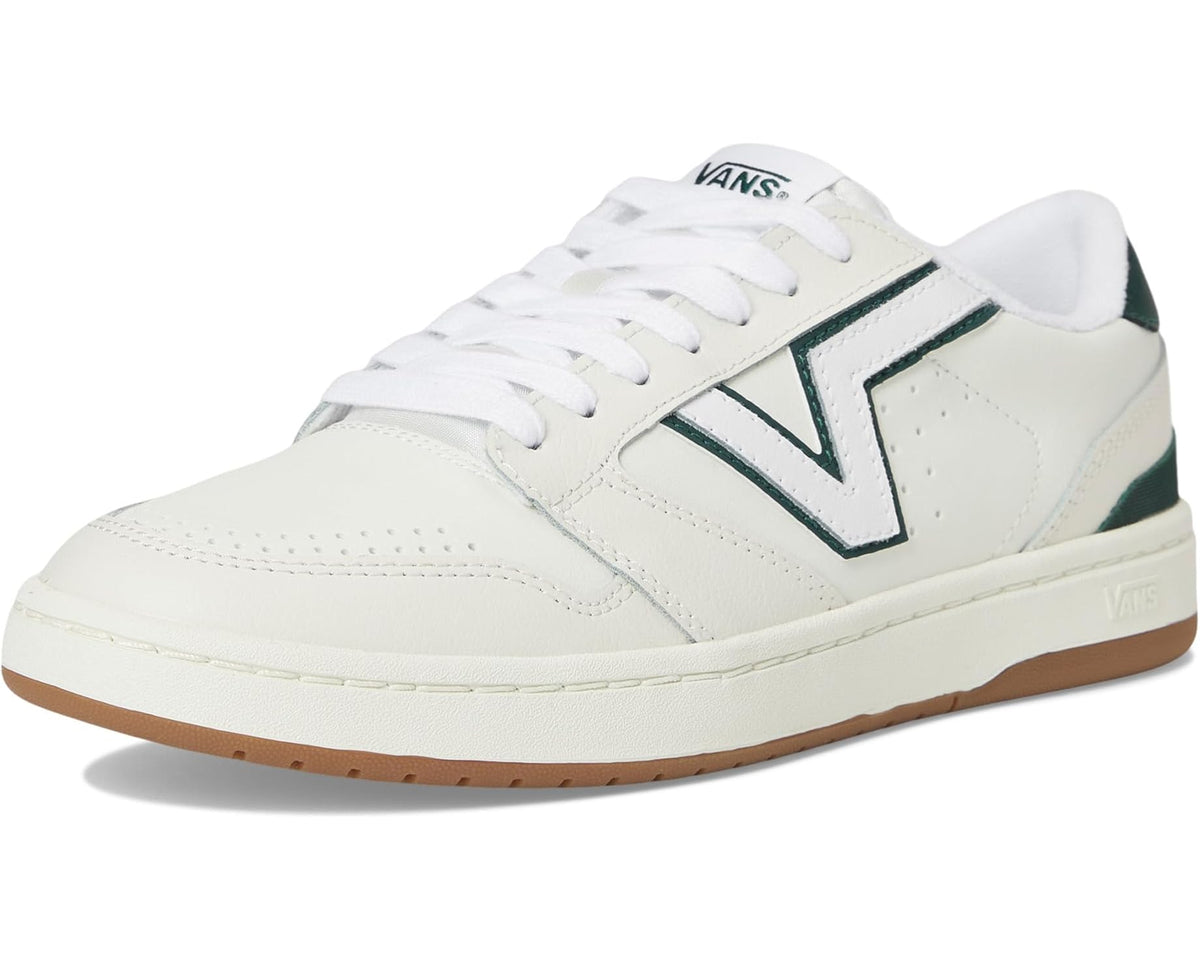 Vans unisex low-top sneakers, side view with white upper, dark green V stripes, and gum sole.