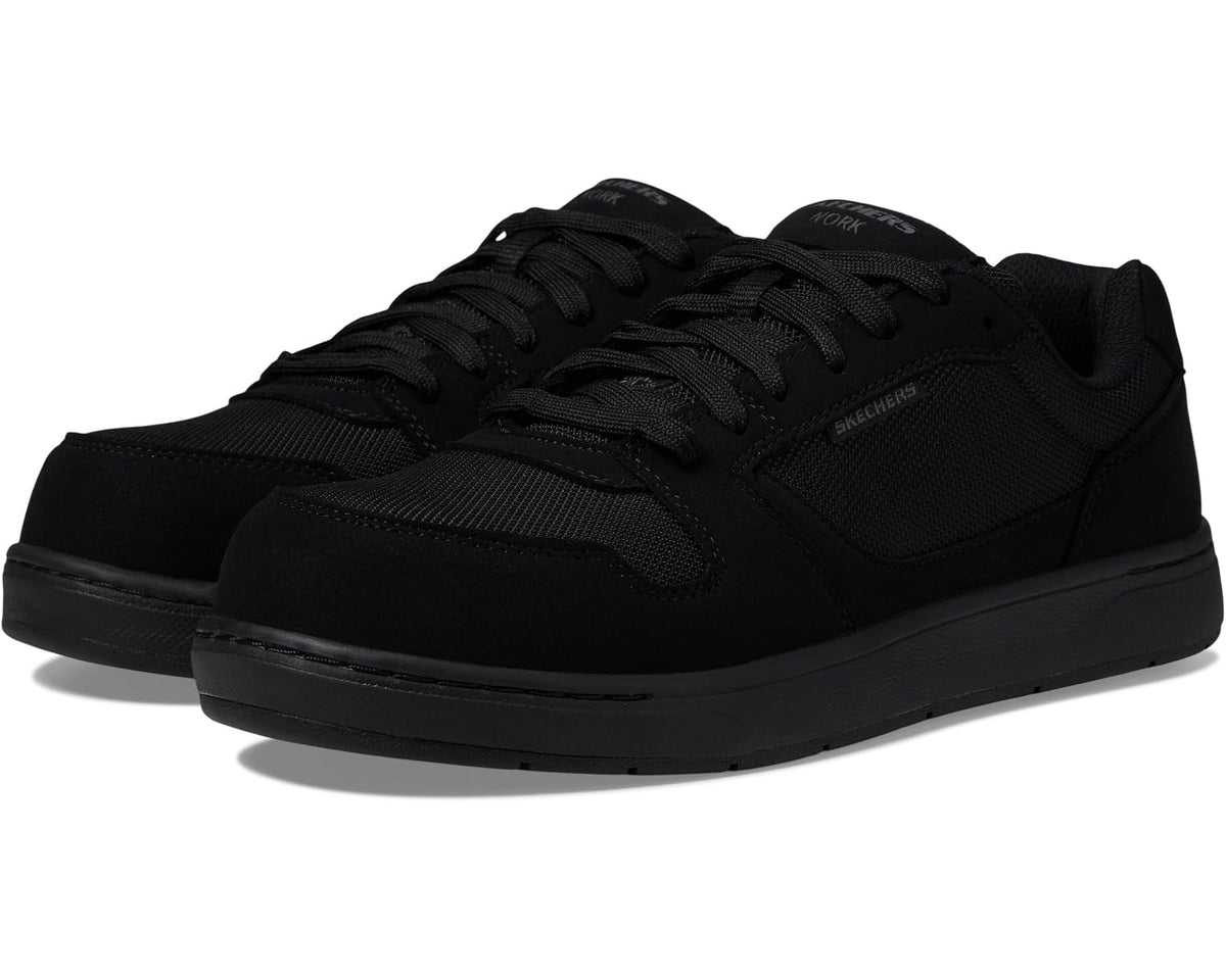 Black lace-up work sneaker with composite toe and textured rubber sole