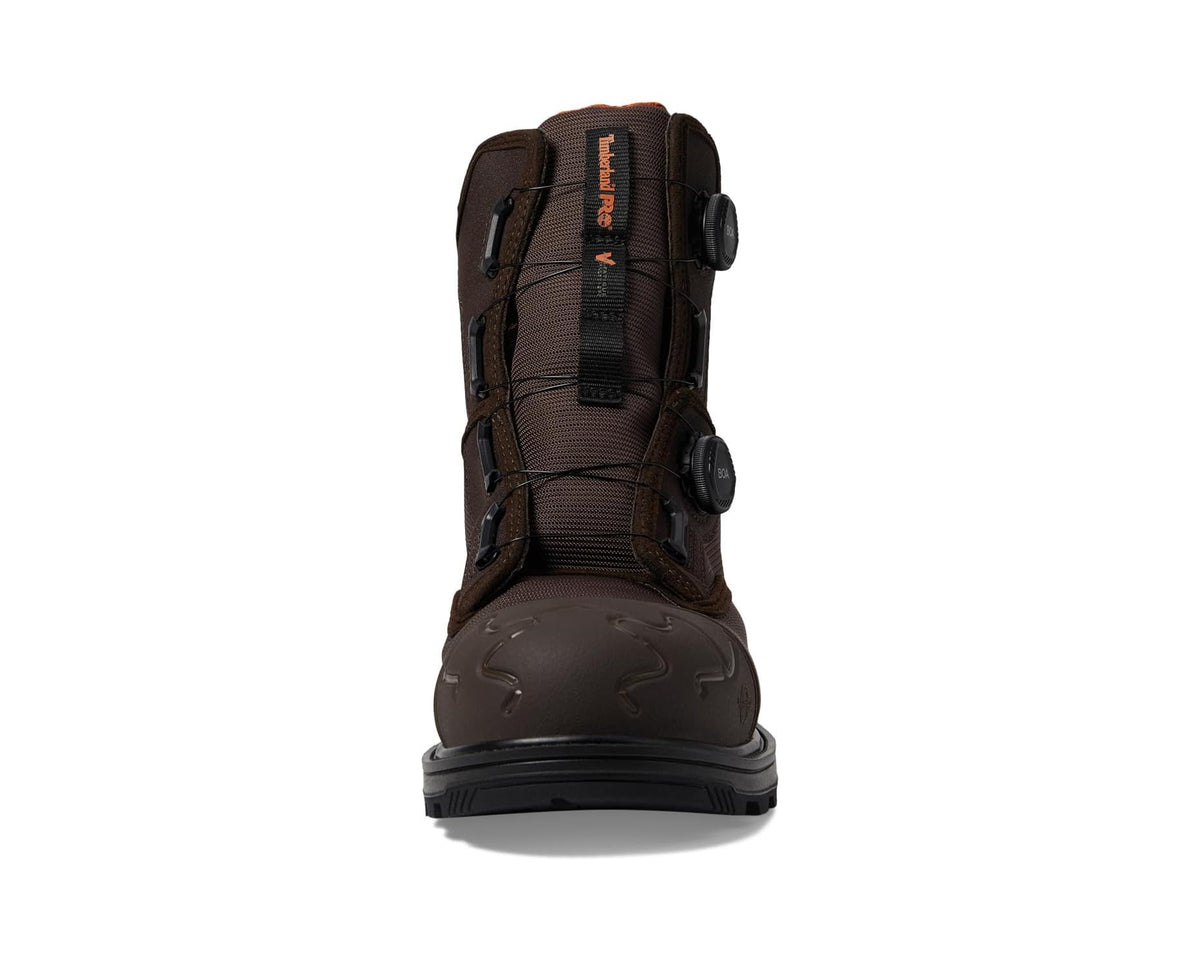 Brown 8-inch safety boot, rear view, BOA dial and ankle pull loop