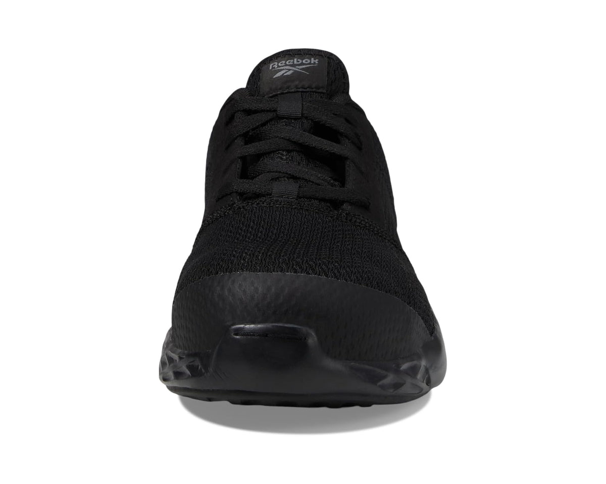 Reebok men's black lace-up work shoe, front view with Reebok logo on tongue