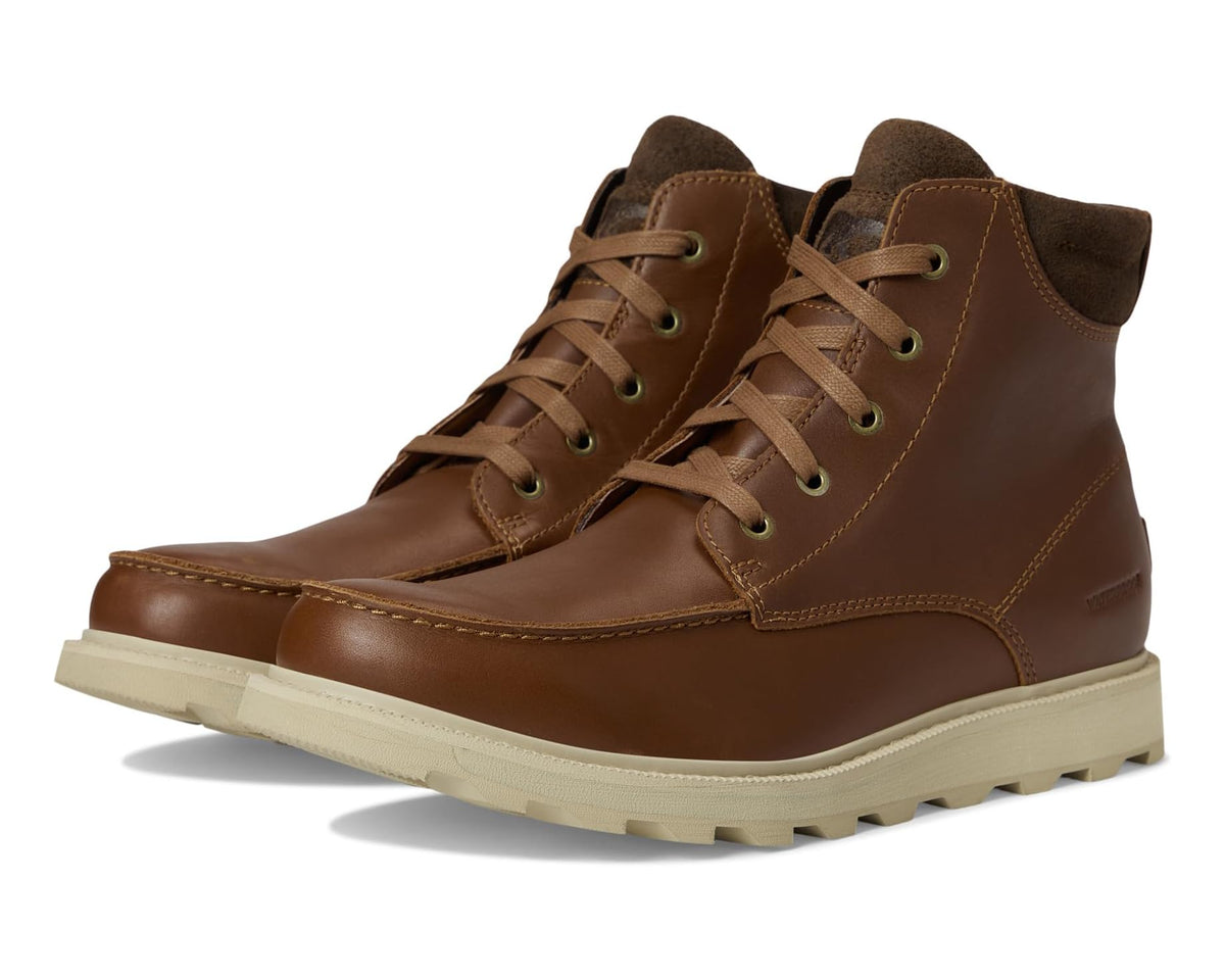 Men's waterproof moc-toe lace-up boots, brown upper with light rubber sole