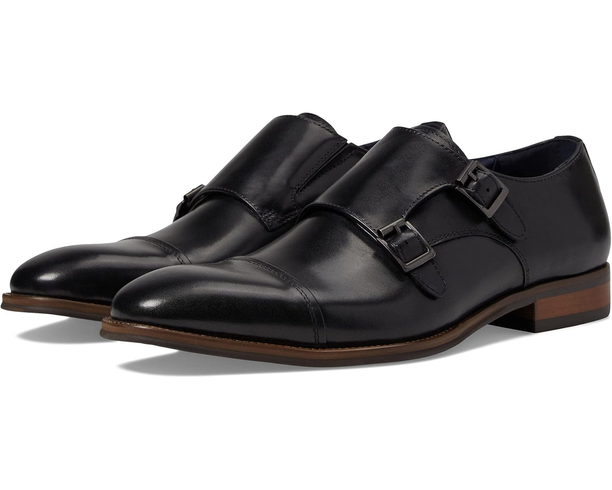 Men's black leather dress shoes with double buckles and brown sole
