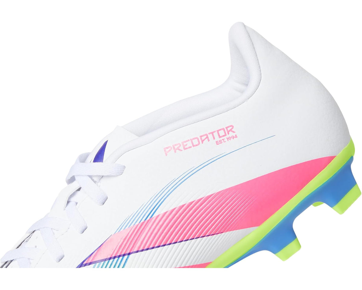 Unisex soccer cleats upper close-up: white with pink and blue stripe design