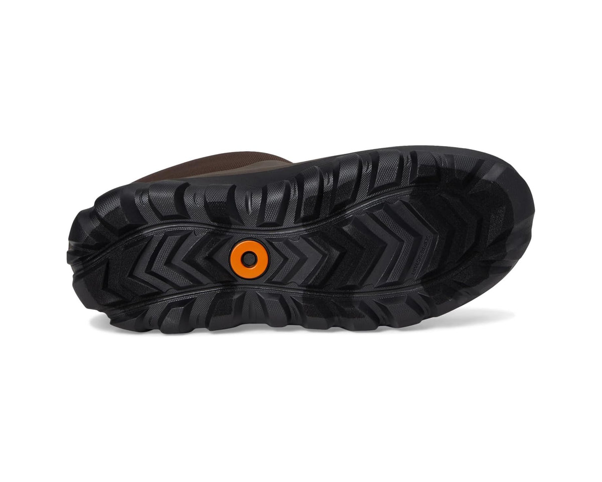 Brown boot outsole with zigzag tread and orange Bogs emblem detail