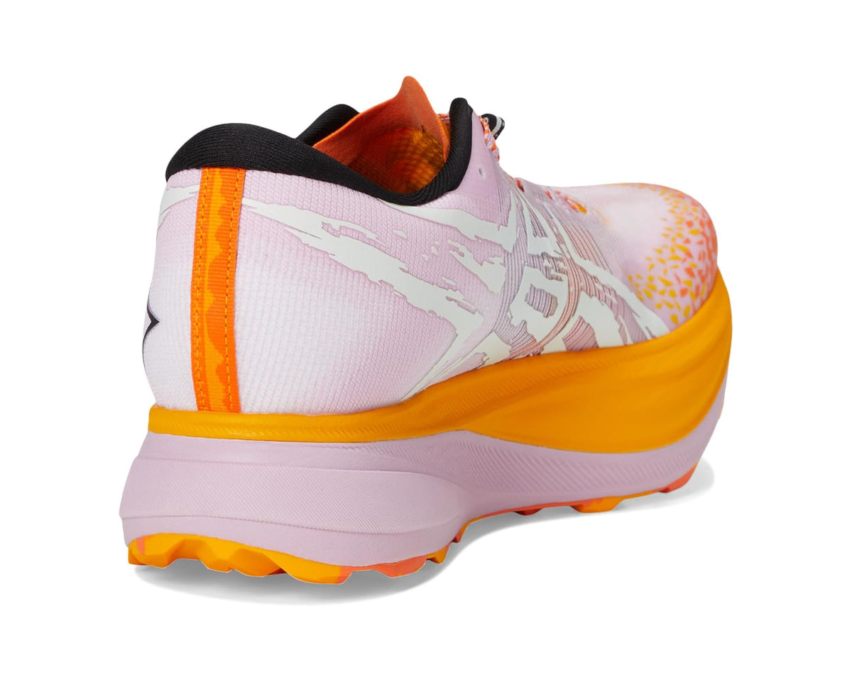 Unisex trail running shoes, heel view, light lavender upper with orange heel and side stripes