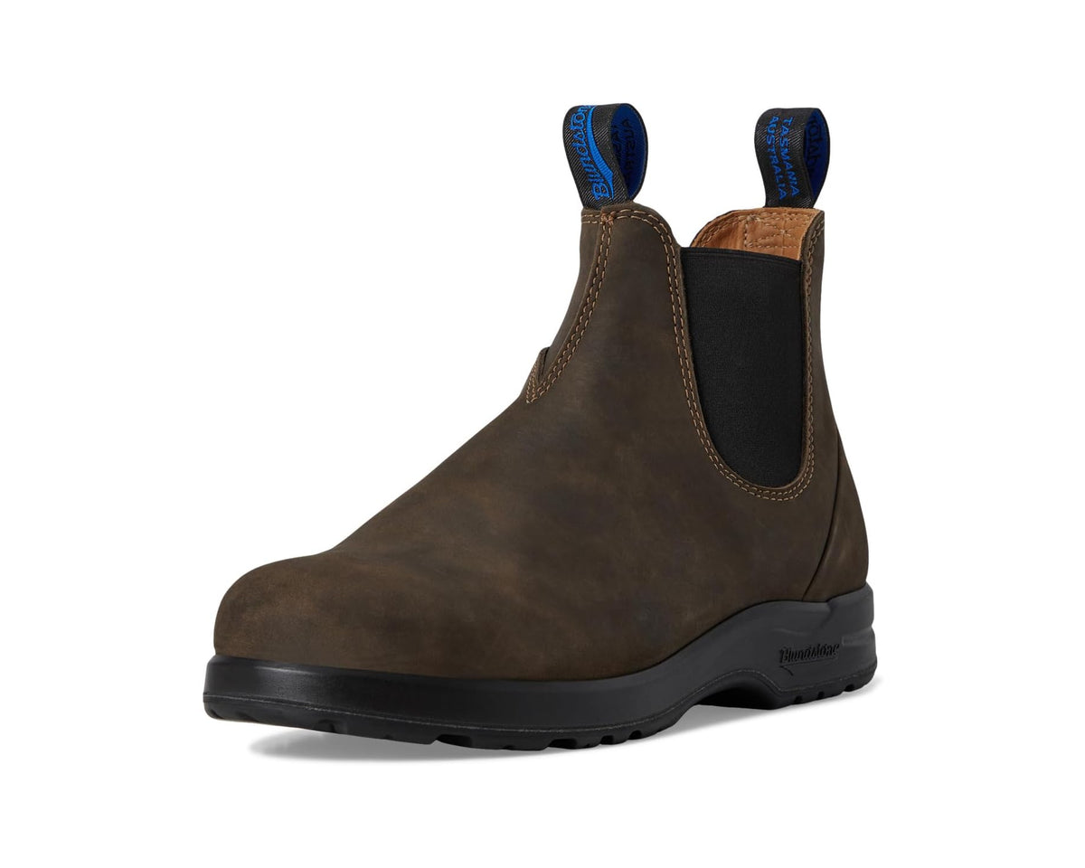 Rustic brown suede Chelsea boot with black elastic gore and blue pull tabs