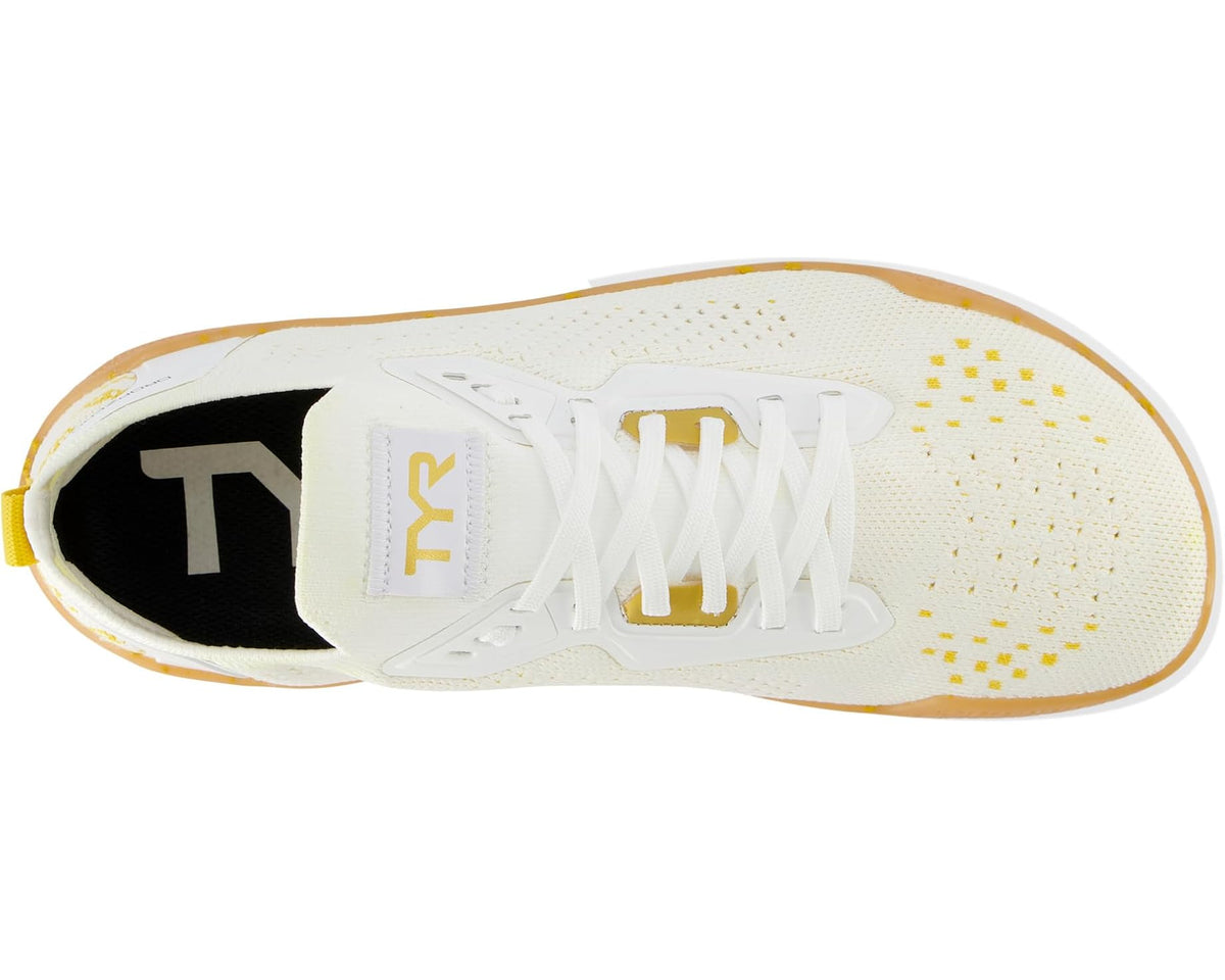 Men's TYR Dropzero sneakers, side view; white upper with gold speckle and white laces