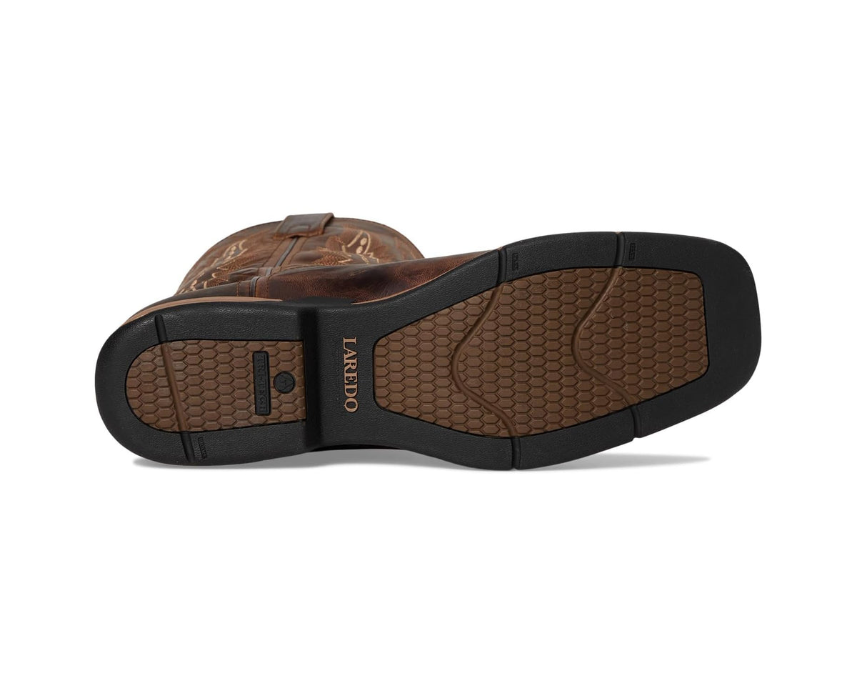 Cowboy boot outsole with textured tread and curved rubber heel; side badge patch