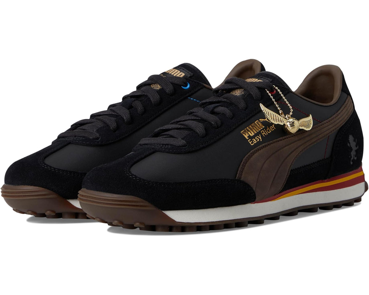 Men's PUMA Easy Rider sneakers, black and chocolate with gold logo and gum sole