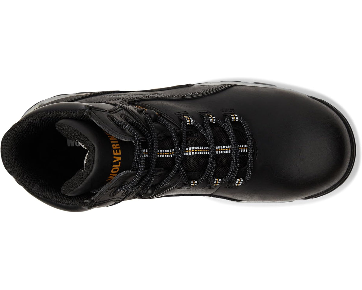 Black lace-up work boot toe and upper view with padded collar and textured leather
