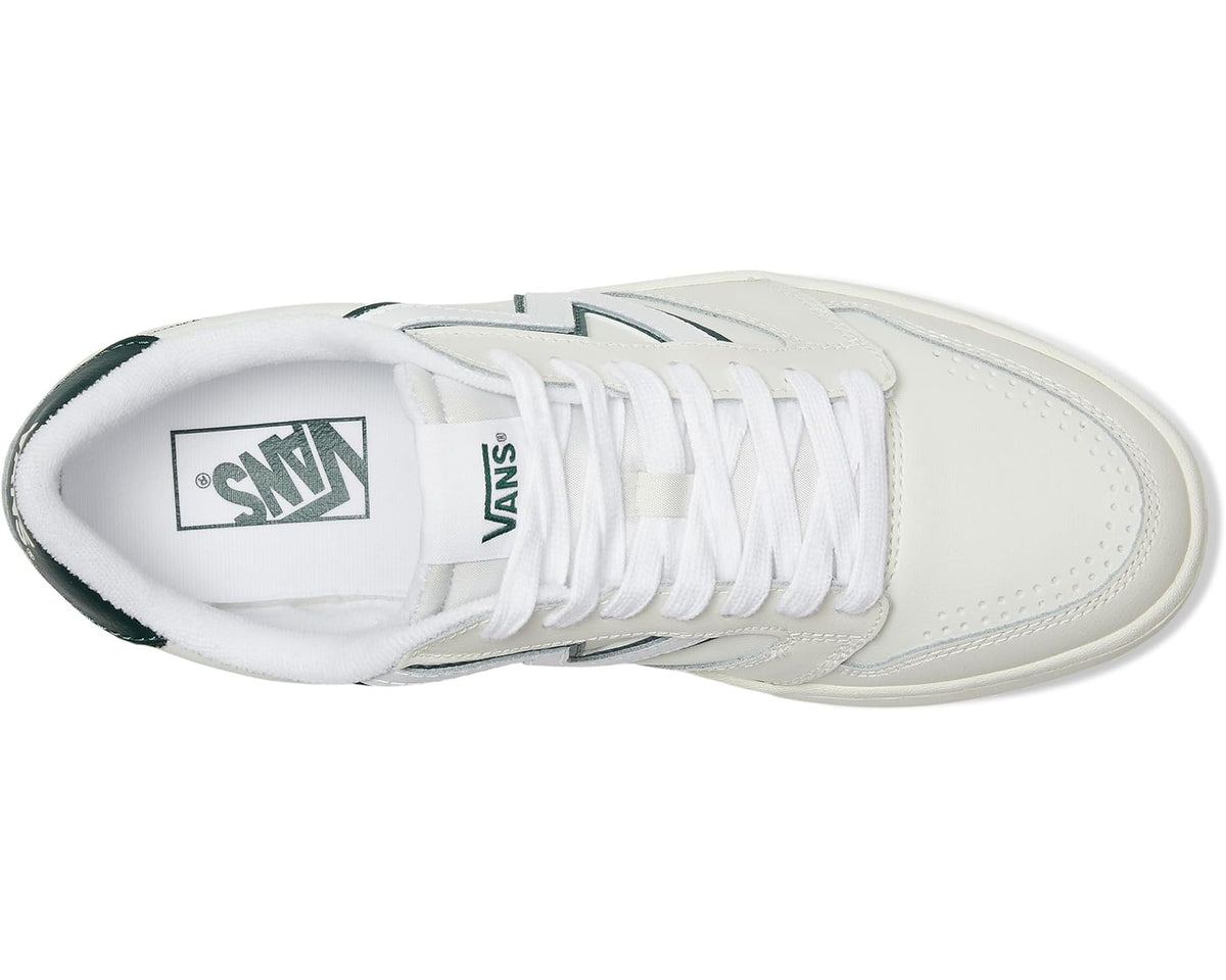 Vans unisex low-top sneakers showing white leather upper, laces, and dark green heel trim.