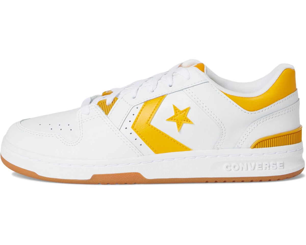 Converse low-top sneakers, white with yellow star logo, orange-brown outsole