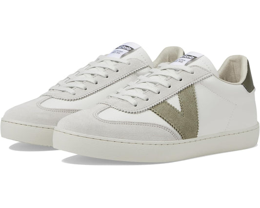 Unisex white leather low-top sneakers with olive suede side panel and lace-up front