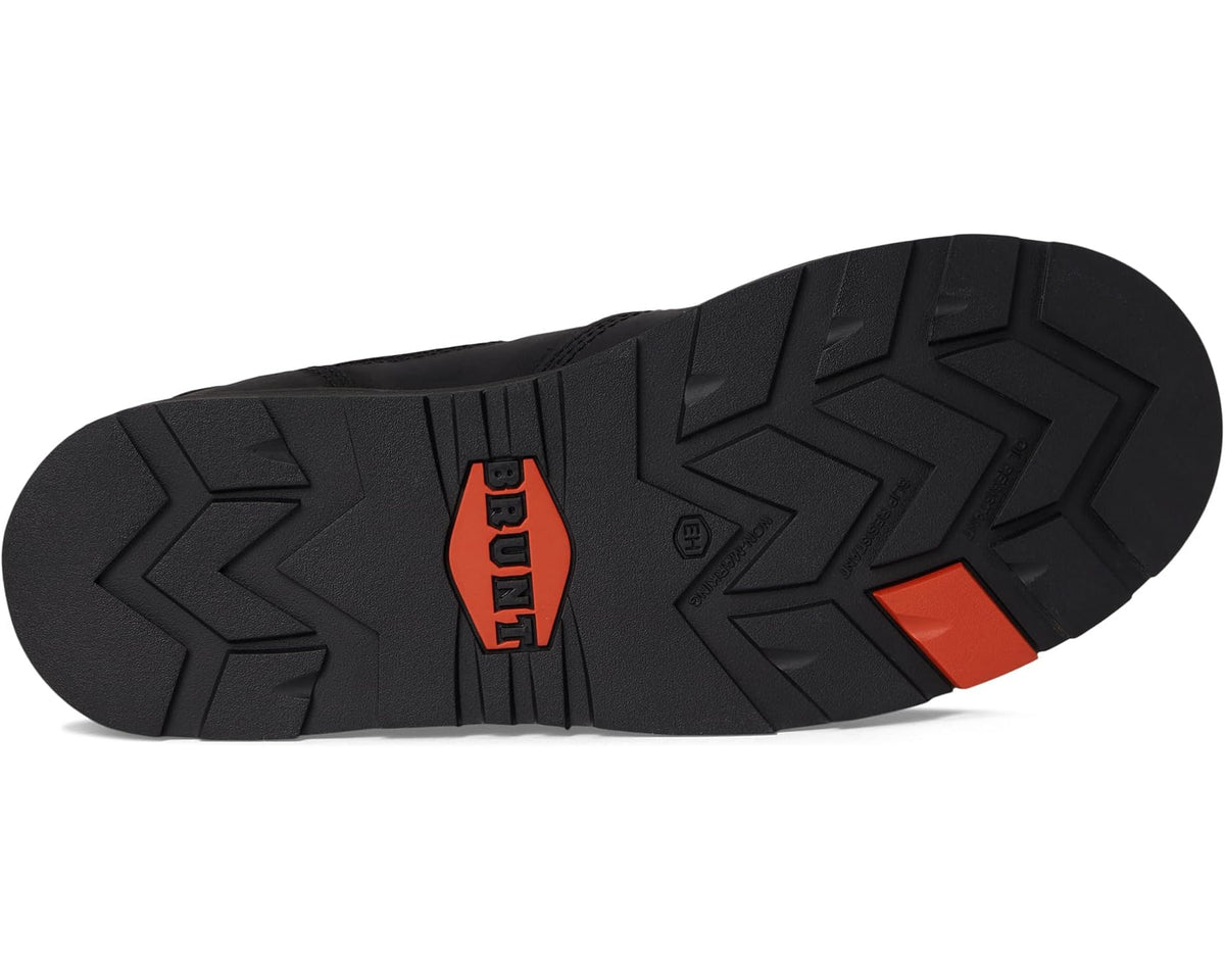 Men's BRUNT black comp-toe boot outsole with orange traction accents.