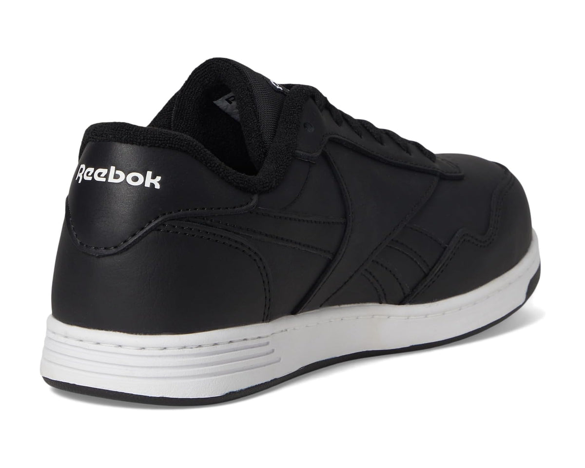 Men's black work sneaker heel and side panel with Reebok branding