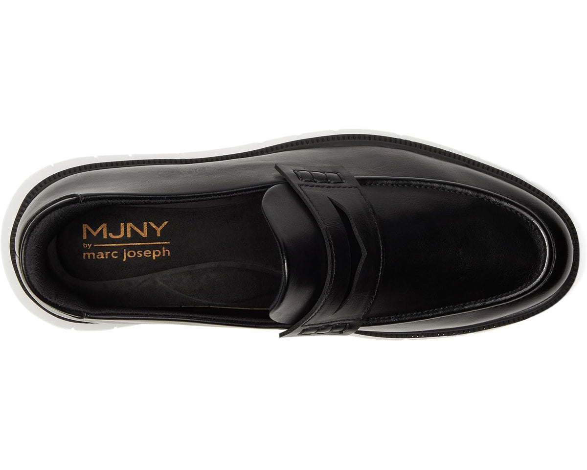 Men's black leather loafer interior view with branded lining and slip-on opening