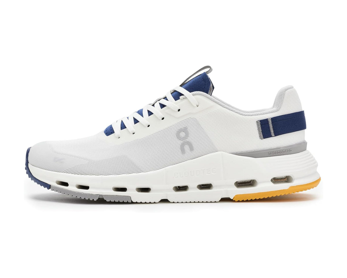 Men's ivory and navy lace-up sneakers with side logo and orange-accented outsole