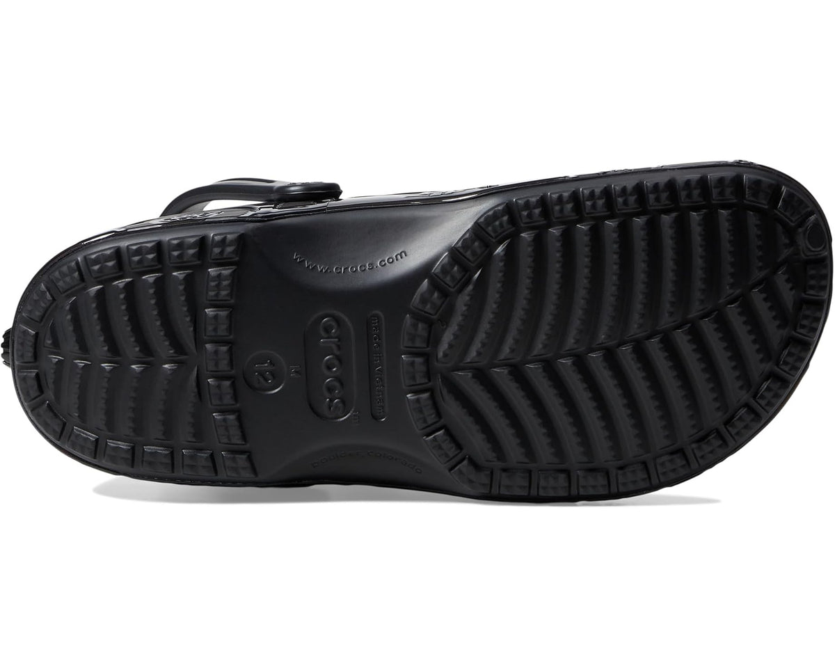 Unisex black clog outsoles with deep tread and Crocs logo