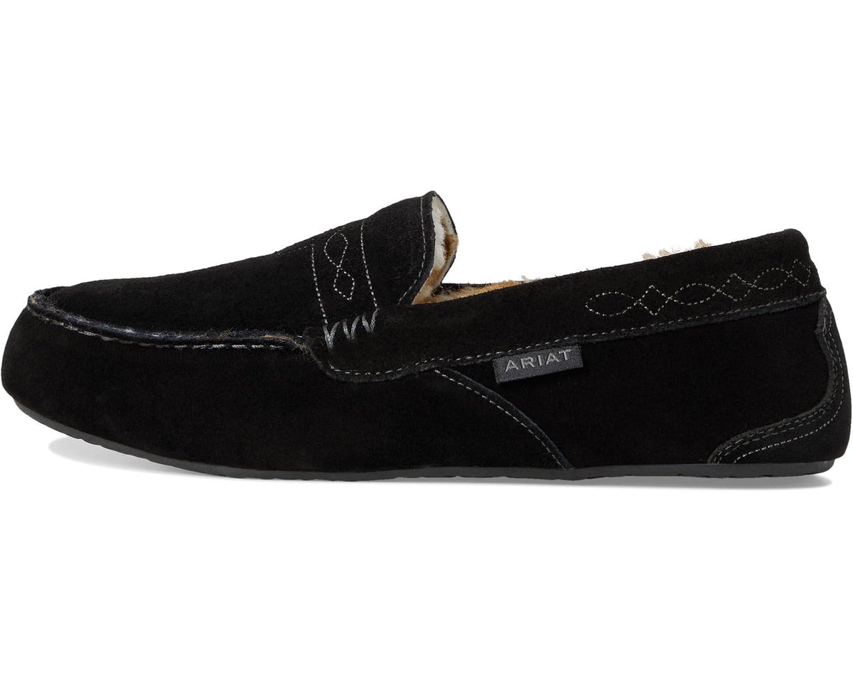 Black suede moccasin slipper with stitched seam details and fur-lined collar